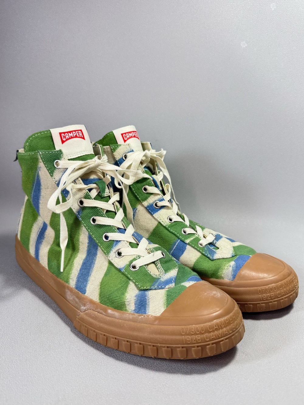 Camper x EFI Camaleon White Blue Green Tan Striped High-Top Sneakers